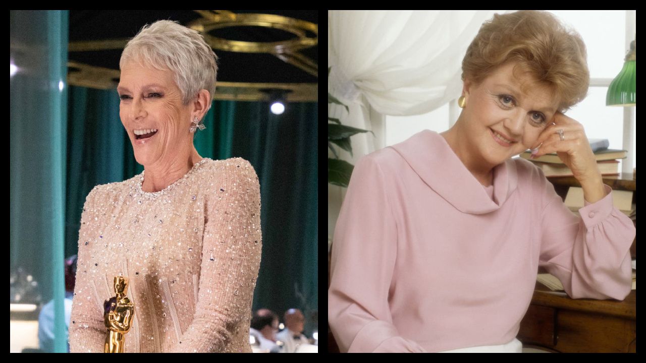 (Left) Jamie Lee Curtis poses backstage with the Oscar® for Actress in a Supporting Role during the live ABC telecast of the 95th Oscars® at Dolby® Theatre at Ovation Hollywood on Sunday, March 12, 2023. (Right) Angela Lansbury as Jessica Fletcher in 'Murder, She Wrote.' Photo courtesy of Universal Television.