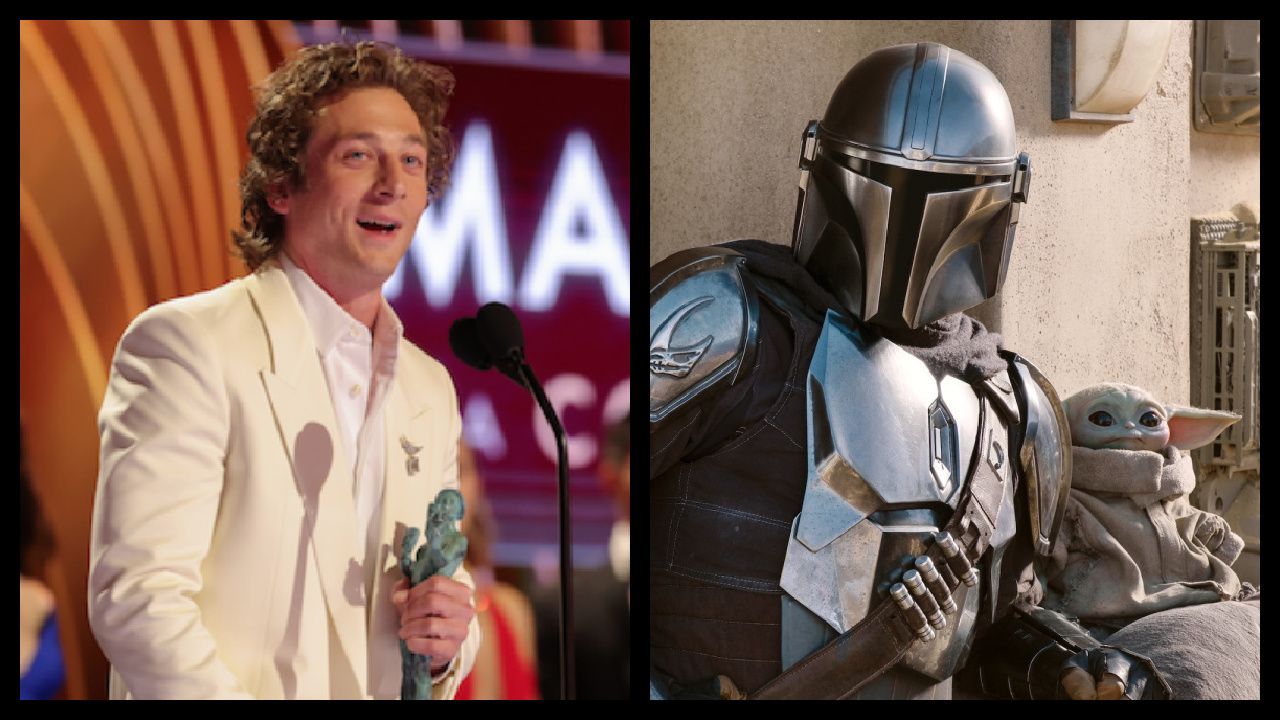 (Left) Male Actor in a Comedy Series, Jeremy Allen White, 'The Bear' 30th Screen Actors Guild Awards, Show, Shrine Auditorium, Los Angeles, California, USA - 24 Feb 2024. Credit: Photo by Christopher Polk/Shutterstock for SAG. (Right) The Mandalorian (Pedro Pascal) and the Child in 'The Mandalorian,' season two, exclusively on Disney+.