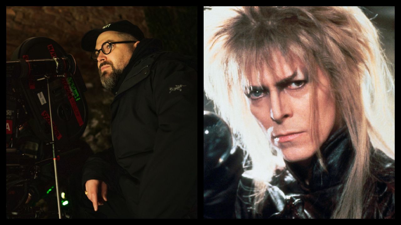 (Left) Director Robert Eggers on the set of his film 'Nosferatu', a Focus Features release. (Right) David Bowie as Jareth in 'Labyrinth.' Photo: The Jim Henson Company. Copyright: Labyrinth Enterprises.