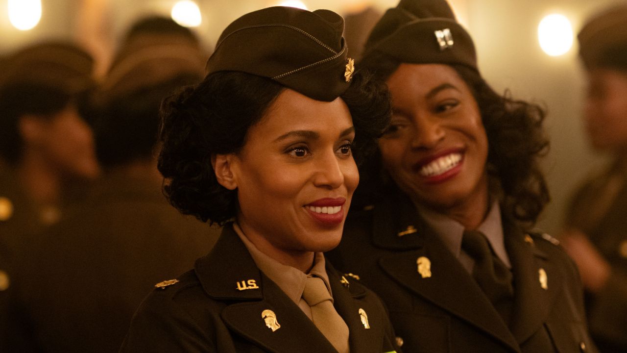 (L to R) Kerry Washington as Captain Charity Adams and Milauna Jackson as Lt. Campbell in 'The Six Triple Eight'. Photo: Laura Radford / Perry Well Films 2 / Courtesy of Netflix.