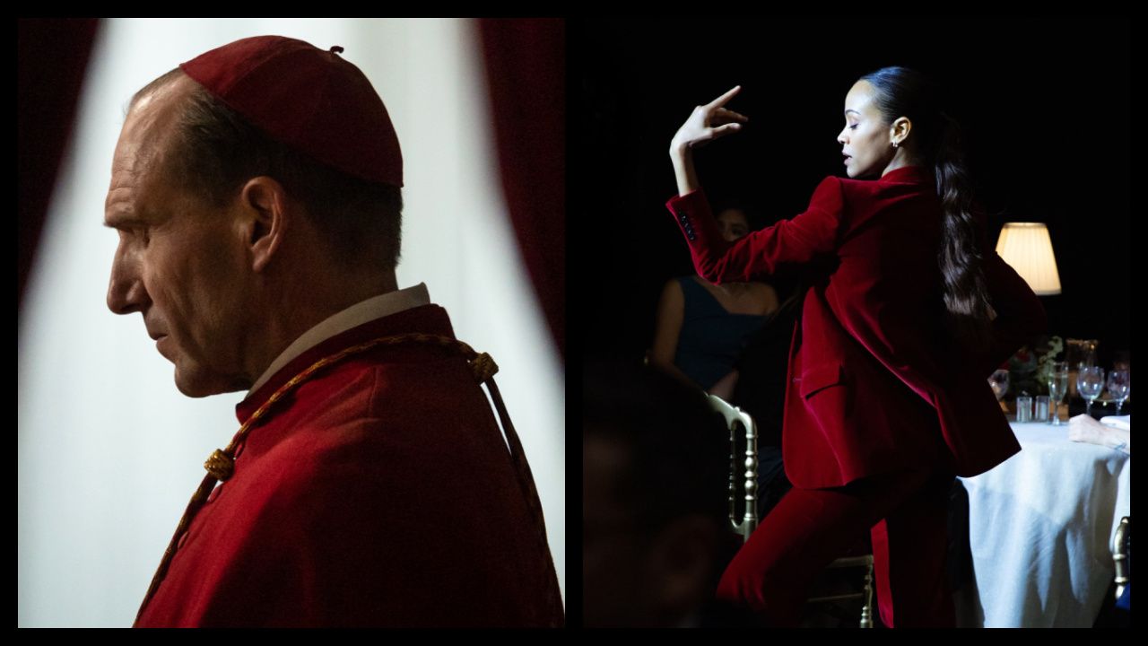 (Left) Ralph Fiennes stars as Cardinal Lawrence in director Edward Berger's 'Conclave', a Focus Features release. Credit: Philippe Antonello/Focus Features ©2024 All Rights Reserved. (Right) Zoe Saldaña as Emilia Pérez in 'Emilia Pérez'. Photo: Netflix.