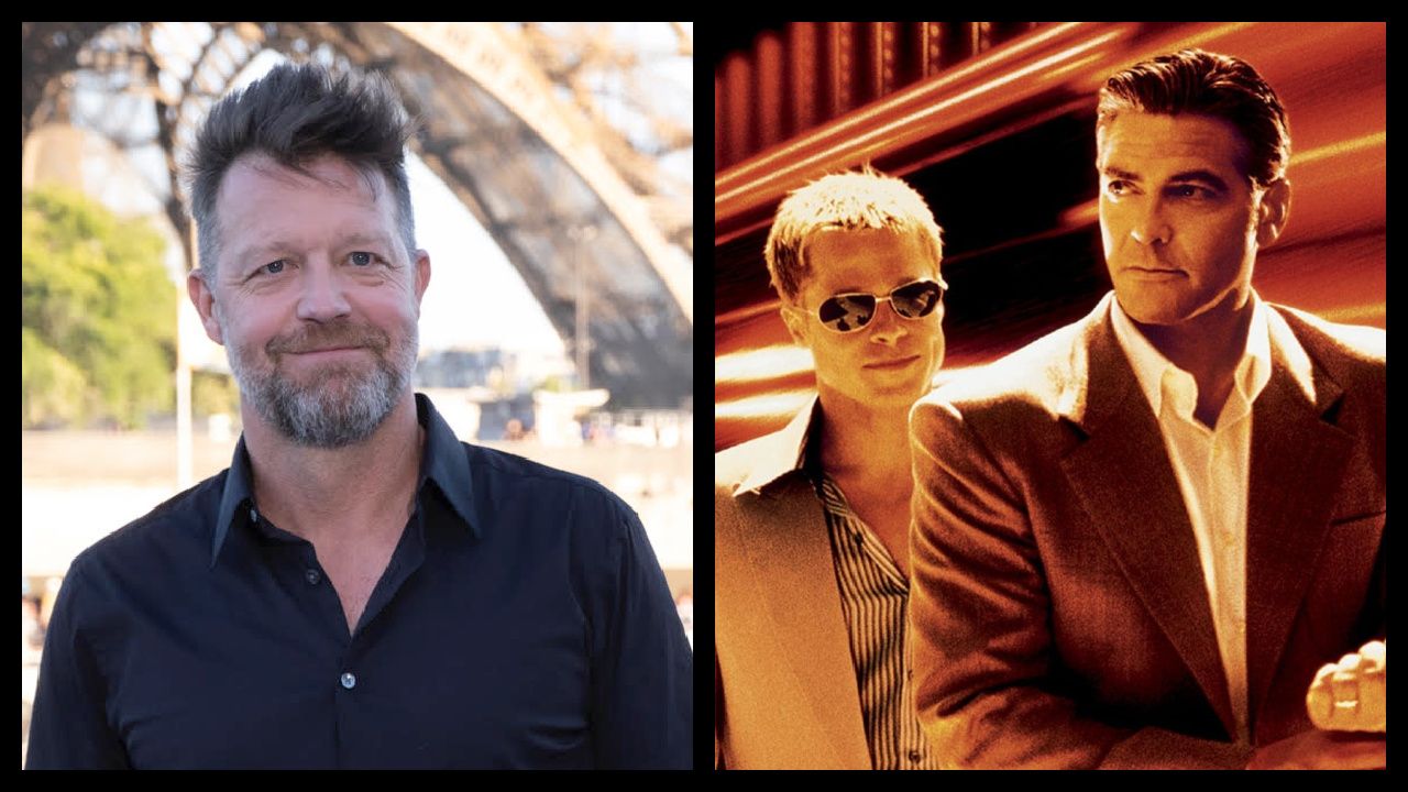(Left) David Leitch in Paris for 'Bullet Train.' Credit: Oliver Vigerie/Sony Pictures. (Right) George Clooney and Brad Pit in 'Ocean's Eleven'. Photo: Warner Bros. Pictures.