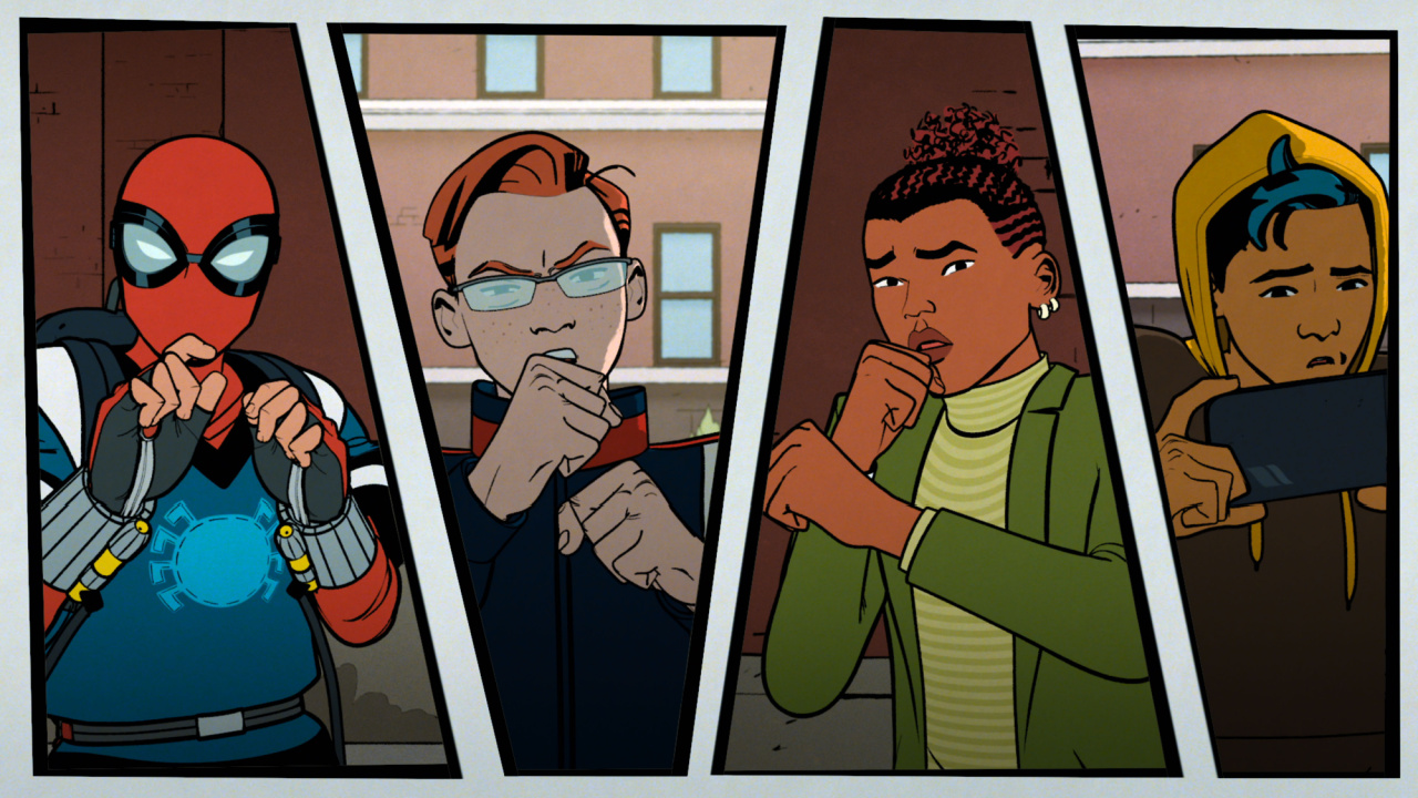 (Far Left) Peter Parker/Spider-Man (Hudson Thames) and (Second from Right) Harry Osborn (Zeno Robinson) in Marvel Animation's 'Your Friendly Neighborhood Spider-Man', exclusively on Disney+. Photo courtesy of Marvel Animation. © 2024 Marvel. All Rights Reserved.