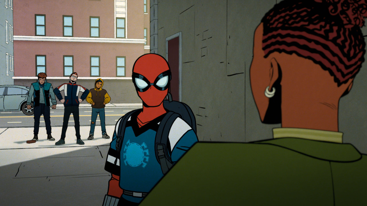 (Fourth from Left-R) Peter Parker/Spider-Man (Hudson Thames) and Harry Osborn (Zeno Robinson) in Marvel Animation's 'Your Friendly Neighborhood Spider-Man', exclusively on Disney+. Photo courtesy of Marvel Animation. © 2024 Marvel. All Rights Reserved.
