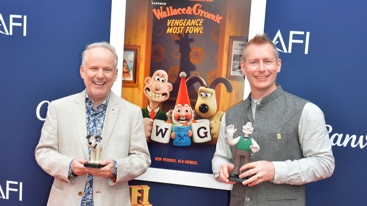 (L to R) 'Wallace & Gromit: Vengeance Most Fowl' directors Nick Park and Merlin Crossingham. Photo by Lindsey Byrnes. © Netflix, Inc.