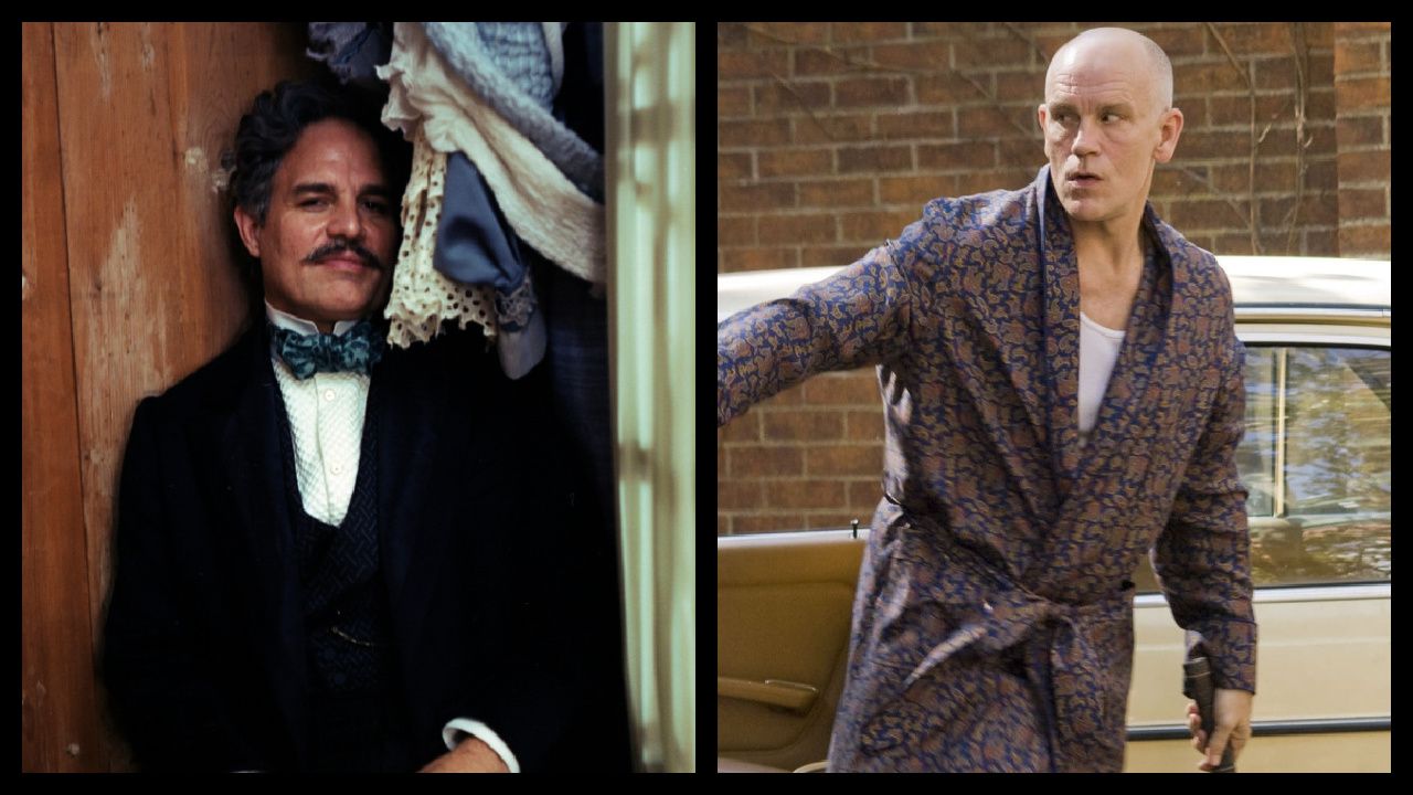 (Left) Mark Ruffalo in 'Poor Things.' Photo by Yorgos Lanthimos. Courtesy of Searchlight Pictures. © 2023 Searchlight Pictures All Rights Reserved. (Right) John Malkovich in 'Burn After Reading'. Photo: Focus Features.