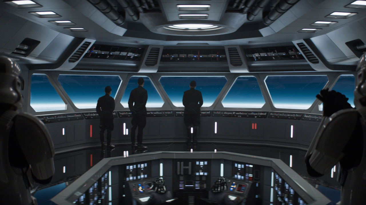 (L to R, on bridge): Weapons Spec (Harry McEntire), Executive Officer (Gethin Alderman) and Captain Elk (Roger Barclay) in Lucasfilm's 'Andor', exclusively on Disney+. ©2022 Lucasfilm Ltd. & TM. All Rights Reserved.