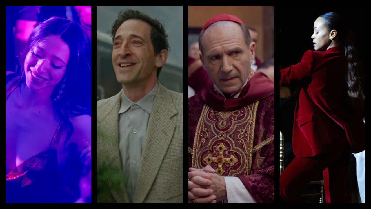 (Far Left) Mikey Madison as Ani in 'Anora'. Photo: Courtesy of NEON. (Left Center) Adrien Brody in 'The Brutalist'. Photo: A24. (Center Right) Ralph Fiennes stars as Cardinal Lawrence in director Edward Berger's 'Conclave', a Focus Features release. Credit: Courtesy of Focus Features. © 2024 All Rights Reserved. (Far Right) Zoe Saldaña in 'Emilia Pérez'. Photo: Netflix.