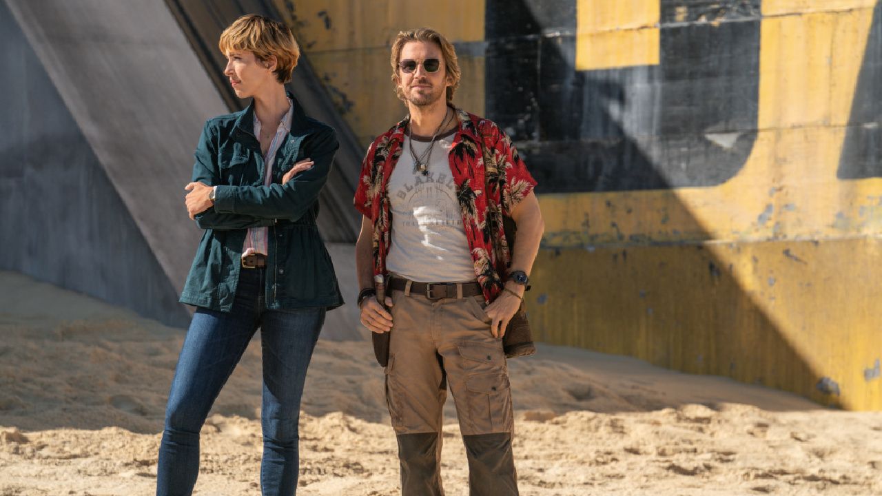 (L to R) Rebecca Hall as Dr. Ilene Andrews and Dan Stevens as Trapper in Warner Bros. Pictures and Legendary Pictures’ action adventure 'Godzilla x Kong: The New Empire,' a Warner Bros. Pictures release. Photo Credit: Daniel McFadden. Copyright: © 2024 Warner Bros. Entertainment Inc. All Rights Reserved.