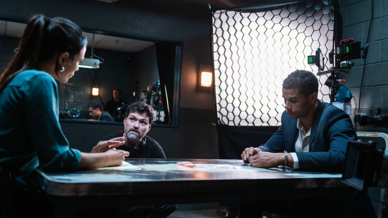 (L to R) Jordana Brewster as Detective Jeanine, director Josh Ruben, and Mason Gooding as Jay on the set of Screen Gems and Spyglass Media Group's 'Heart Eyes'. Photo: Christopher Moss.
