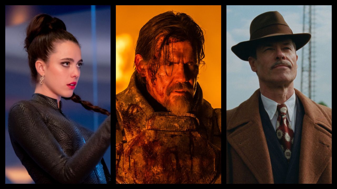 (Left) Margaret Qualley in 'The Substance'. Photo: Mubi. (Center) Josh Brolin as Gurney Halleck in Warner Bros. Pictures and Legendary Pictures’ action adventure 'Dune: Part Two,' a Warner Bros. Pictures release. Photo Credit: Niko Tavernise. Copyright: © 2023 Warner Bros. Entertainment Inc. All Rights Reserved. (Right) Guy Pearce in 'The Brutalist'. Photo: A24.