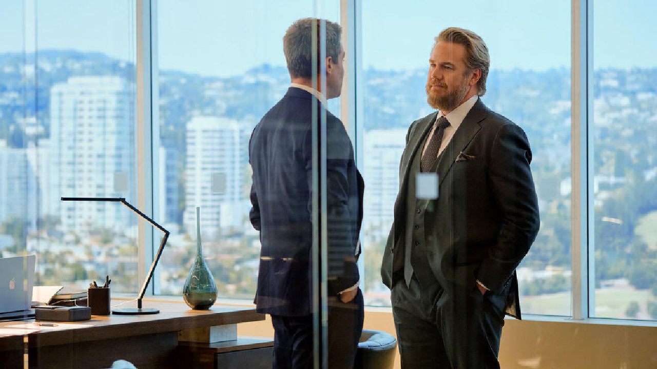 (L to R) Stephen Amell as Ted Black and Josh McDermitt as Stuart Lane in 'Suits LA'. Photo: David Astorga/NBC.