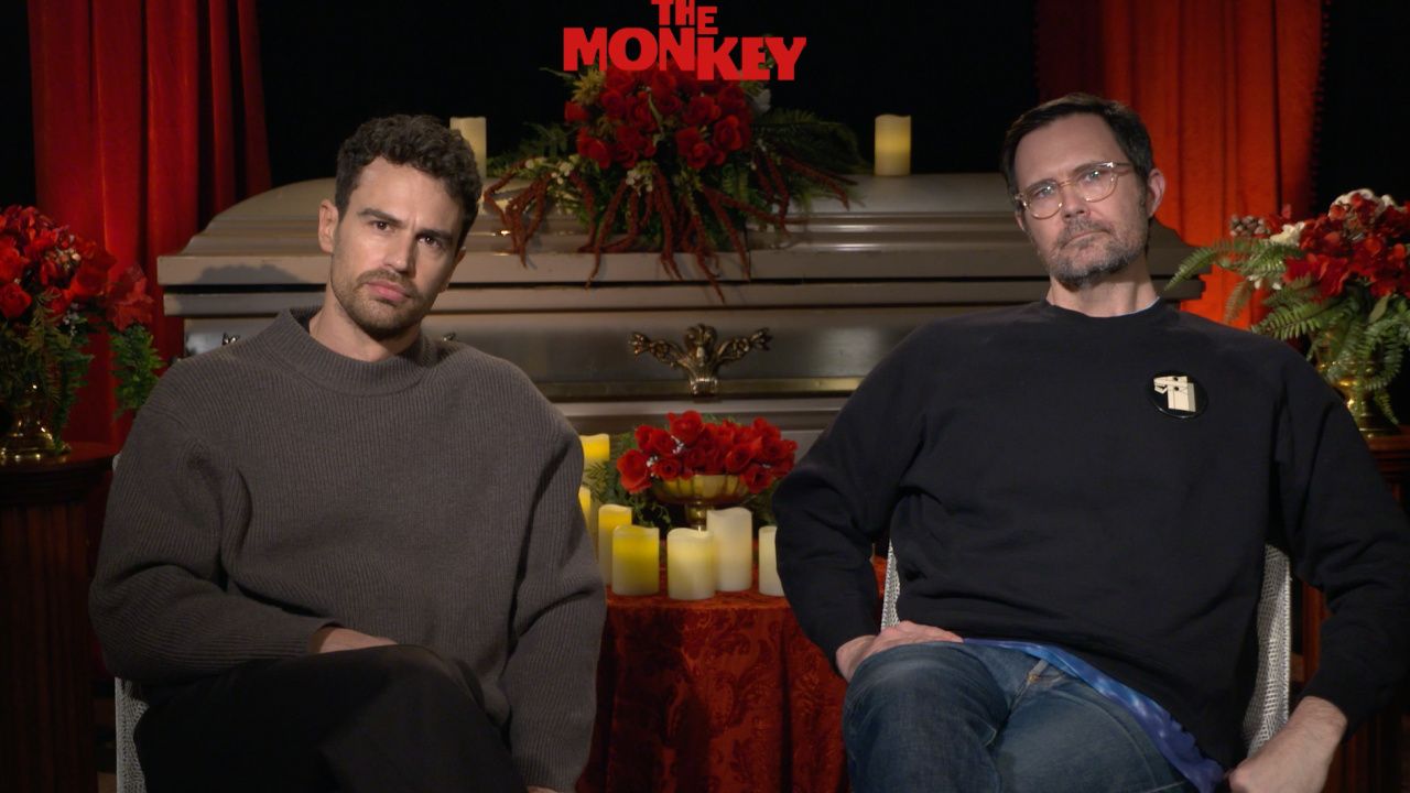 (L to R) Theo James and director Osgood Perkins talk 'The Monkey'.