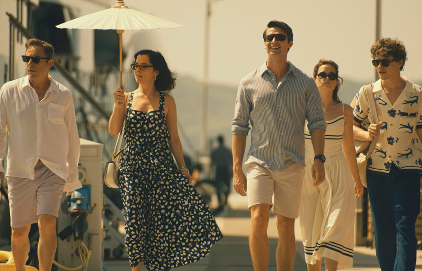 (L to R) Jason Isaacs, Parker Posey, Patrick Schwarzenegger, Sarah Catherine Hook, and Sam Nivola in 'The White Lotus' Season 3. Photo: Fabio Lovino/HBO.