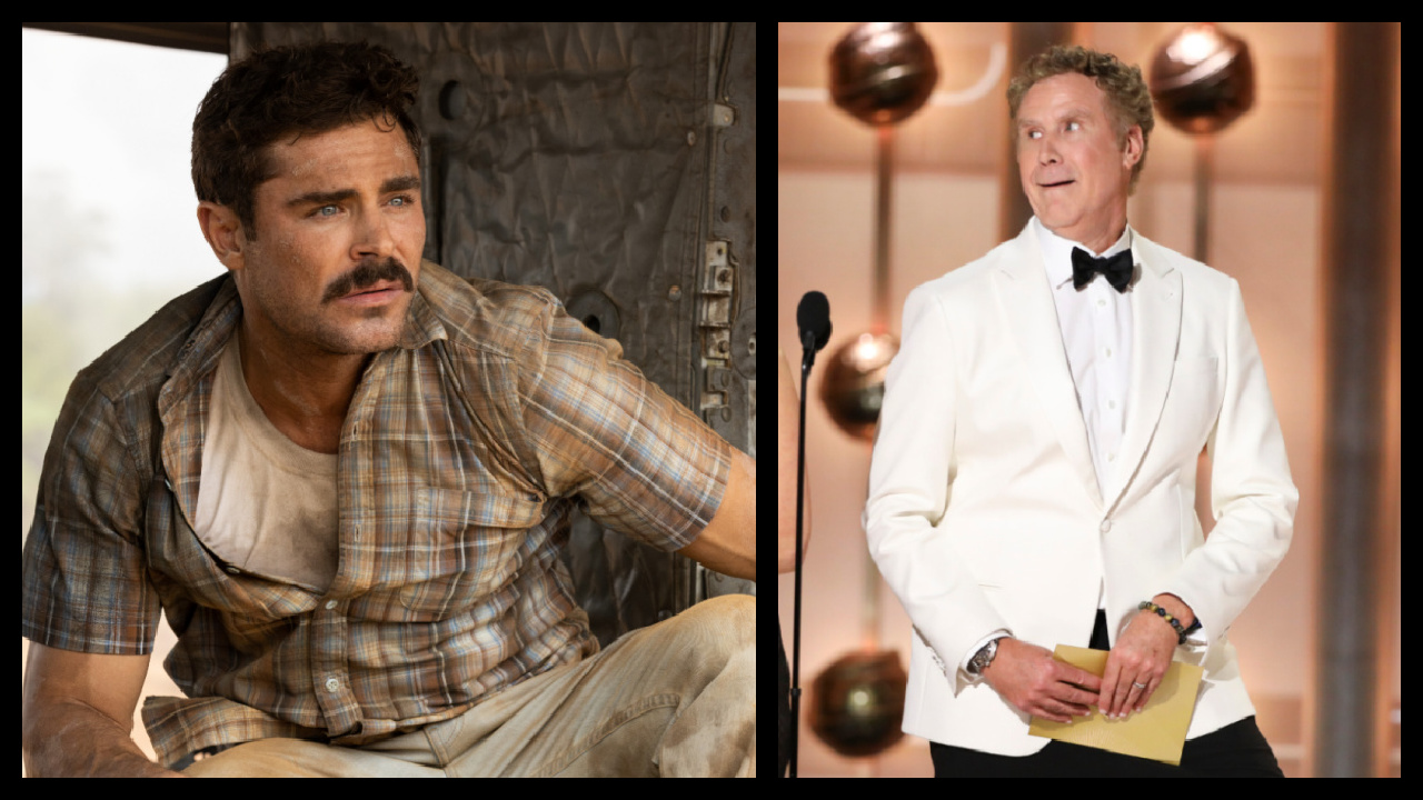 (Left) Zac Efron in 'The Greatest Beer Run Ever,' premiering globally on September 30, 2022 on Apple TV+. (Right) Will Ferrell at the 81st Annual Golden Globe Awards, airing live from the Beverly Hilton in Beverly Hills, California on Sunday, January 7, 2024, at 8 PM ET/5 PM PT, on CBS and streaming on Paramount+. Photo: Sonja Flemming/CBS ©2024 CBS Broadcasting, Inc. All Rights Reserved.
