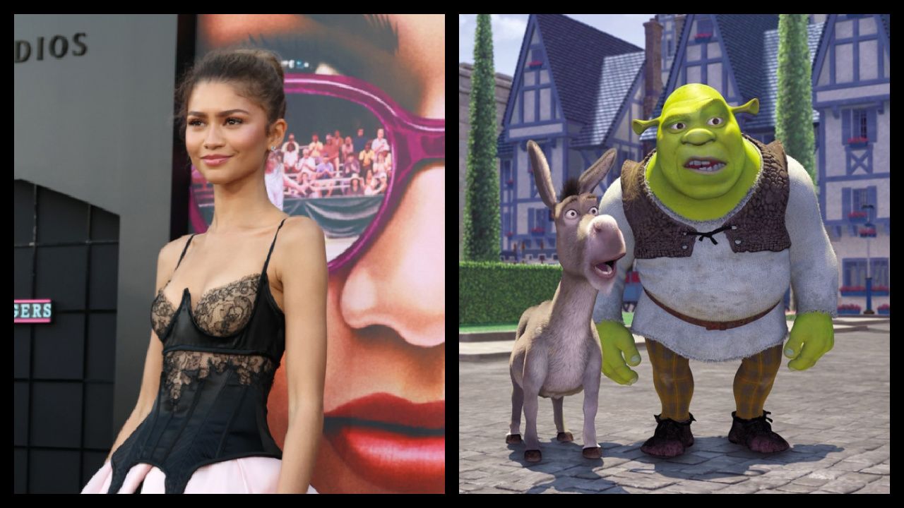 (Left) Zendaya attends the Los Angeles Premiere of Amazon MGM Studios’ 'Challengers' at Regency Village Theatre on April 16, 2024 in Los Angeles, California. Photo by Eric Charbonneau/Getty Images for Amazon MGM Studios. (Right) (L to R) Shrek (Mike Myers) and Donkey (Eddie Murphy) in 'Shrek'. Photo: DreamWorks Animation.