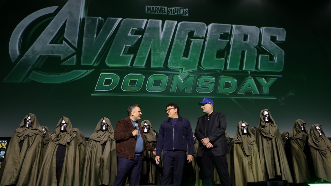 (L to R) Joe Russo, Anthony Russo and Kevin Feige present 'Avengers: Doomsday' at San Diego Comic-Con 2024. © 2024 20th Century Studios / © and ™ 2024 MARVEL.