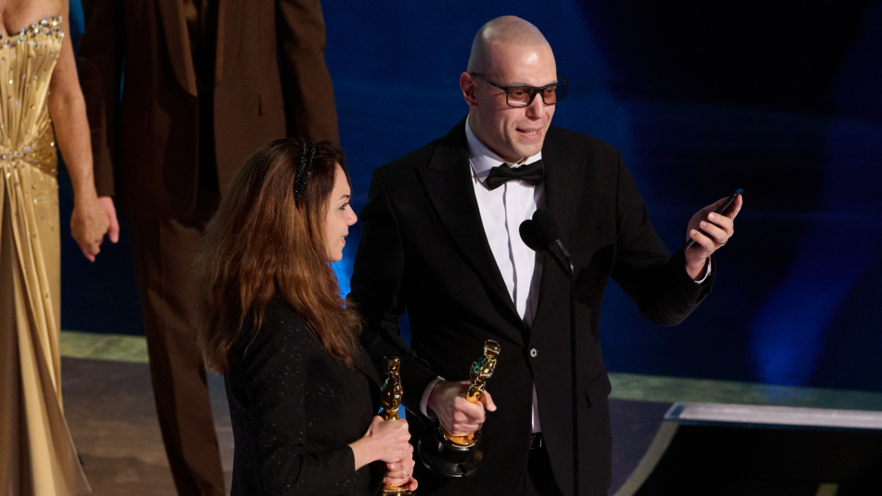 (L to R) Shirin Sohani and Hossein Molayemi accept the Oscar® for Animated Short Film during the live ABC Telecast of the 97th Oscars® at the Dolby® Theatre at Ovation Hollywood on Sunday, March 2, 2025. Credit/Provider: Phil McCarten / The Academy. Copyright: ©A.M.P.A.S.