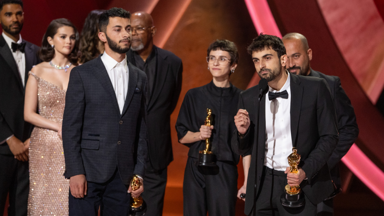 Rachel Szor, Basel Adra, Yuval Abraham and Hamdan Ballal accepts the Oscar® for Documentary Feature Film during the live ABC Telecast of the 97th Oscars® at the Dolby® Theatre at Ovation Hollywood on Sunday, March 2, 2025.