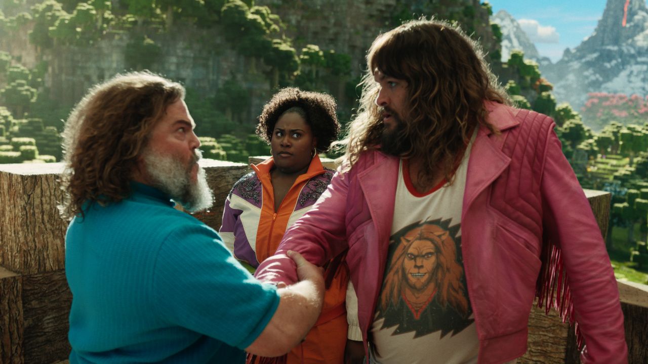 (L to R) Jack Black as Steve, Danielle Brooks as Dawn and Jason Momoa as Garrett in Warner Bros. Pictures’ and Legendary Pictures’ 'A Minecraft Movie,' a Warner Bros. Pictures release. Photo Credit: Courtesy Warner Bros. Pictures. Copyright: © 2025 Warner Bros. Entertainment Inc. All Rights Reserved.