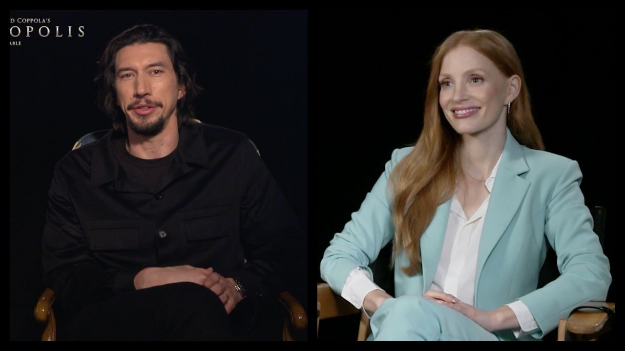 (Left) Adam Driver talk 'Megalopolis'. (Right) Jessica Chastain star in 'Memory.'