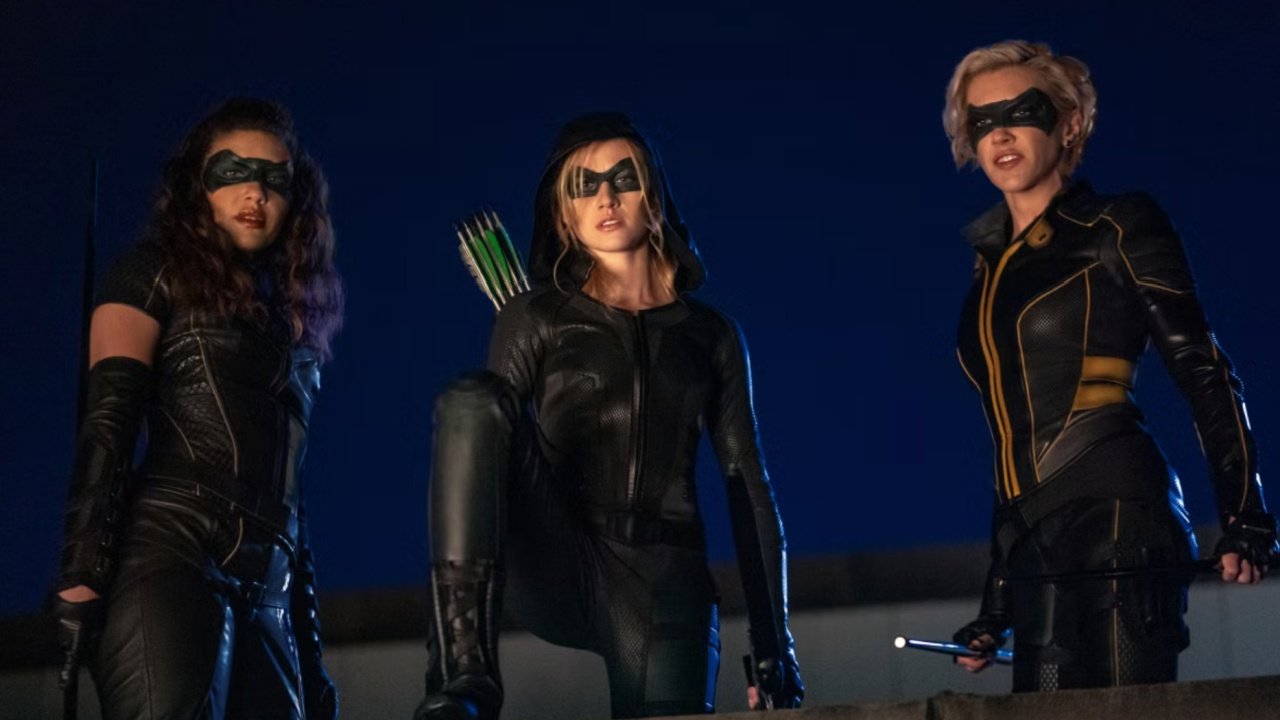 (L to R) Juliana Harkavy, Katherine McNamara and Katie Cassidy on 'Arrow' season 8. Photo: Warner Bros.