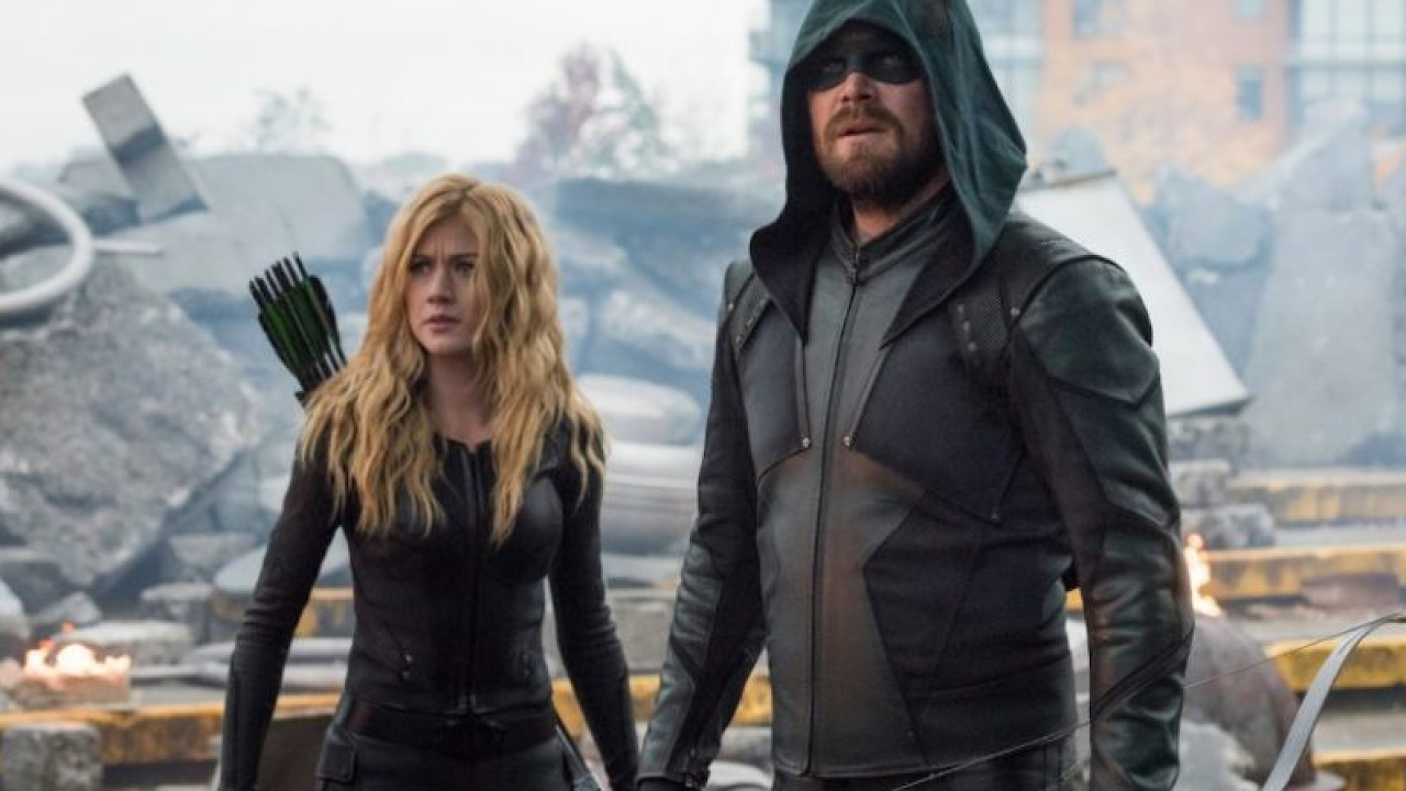 (L to R) Katherine McNamara and Stephen Amell on 'Arrow' season 8. Photo: Warner Bros.