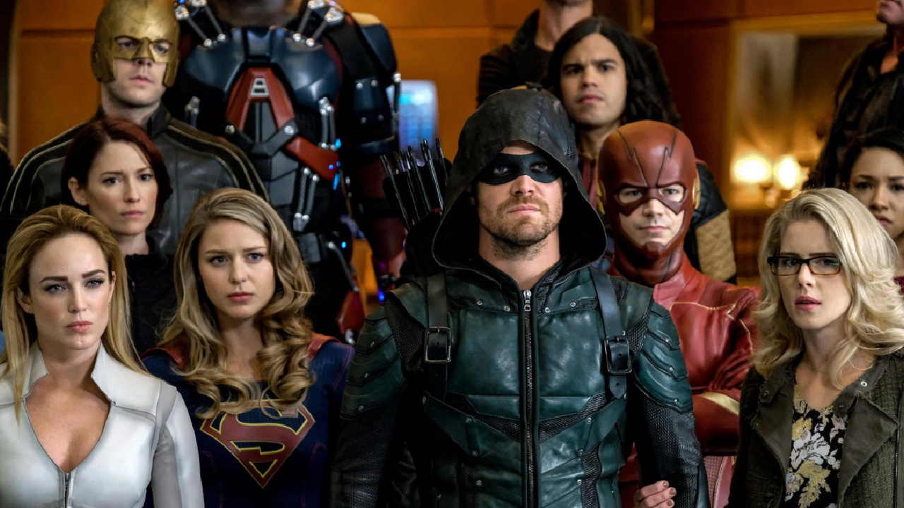 (TOP): Russell Tovey as The Ray/Ray Terrill,Carlos Valdes as Cisco Ramon/Vibe and Dominic Purcell as Mick Rory/Heat Wave (Middle) Chyler Leigh as Alex Danvers, Grant Gustin as Barry Allen/The Flash and Candice Patton as Iris West (BOTTOM): Caity Lotz as Sara Lance/White Canary, Melissa Benoist as Kara/Supergirl, Stephen Amell as Oliver Queen/Green Arrow and Emily Bett Rickards as Felicity Smoak in the Arrowverse crossover event 'Crisis on Earth-X.' Photo: Robert Falconer / The CW. © 2017 The CW Network, LLC. All Rights Reserved.