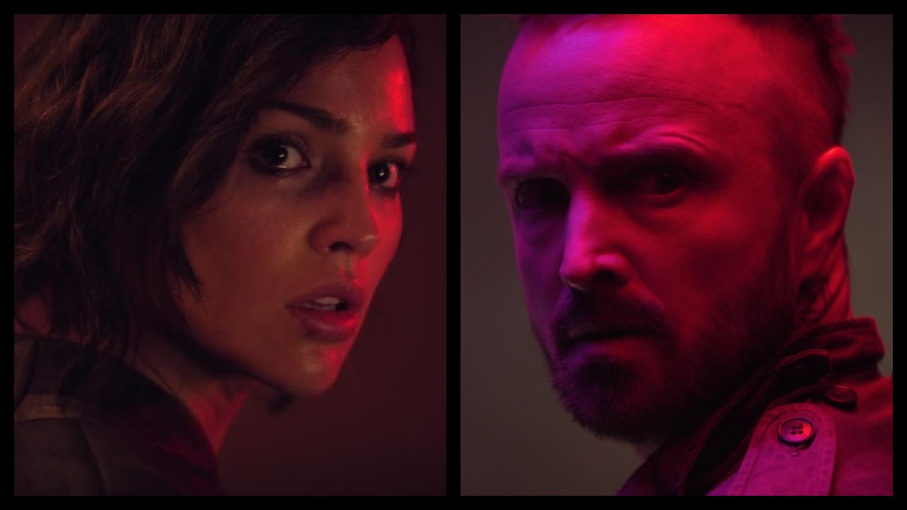 (Left) Eiza González in Flying Lotus’s 'Ash'. Courtesy of RLJE Films & Shudder. An RLJE Films & Shudder Release. (Right) Aaron Paul in Flying Lotus’s 'Ash'. Courtesy of RLJE Films & Shudder. An RLJE Films & Shudder Release.