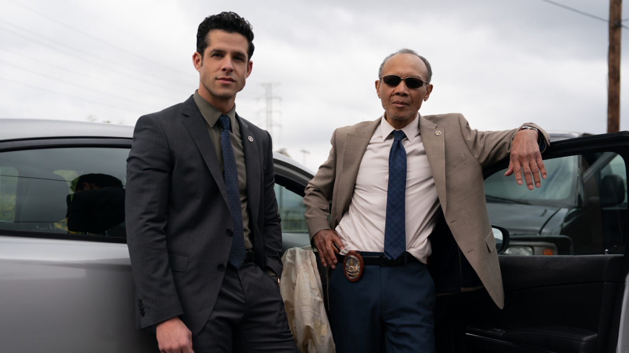 (L to R) Det. Perry Lopez (Miles Gaston Villanueva) and Det. Jimmy Robertson (Paul Calderon) in 'Bosch: Legacy' Season 3. Credit: Tyler Golden/Prime. Copyright: © Amazon Content Services LLC.
