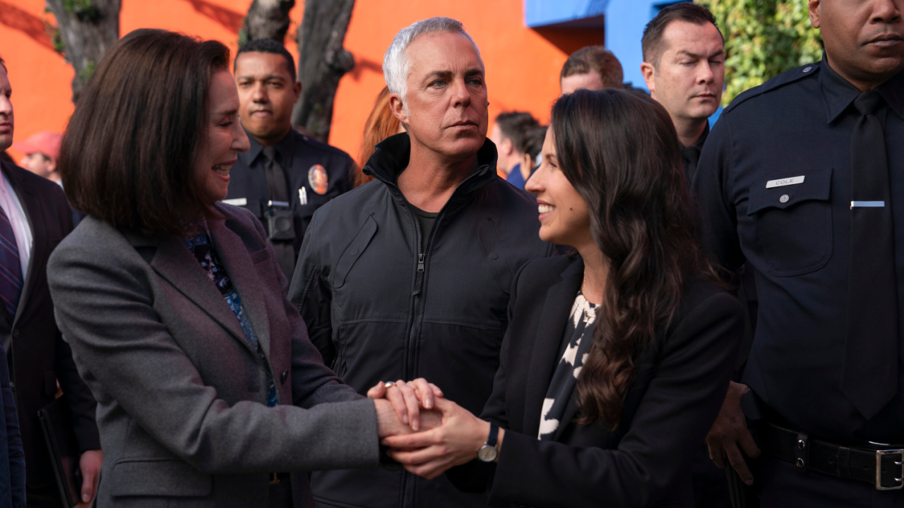 (L to R) Honey Chandler (Mimi Rodgers) and Harry Bosch (Titus Welliver) in 'Bosch: Legacy' Season 3. Credit: Tyler Golden/Prime. Copyright: © Amazon Content Services LLC.