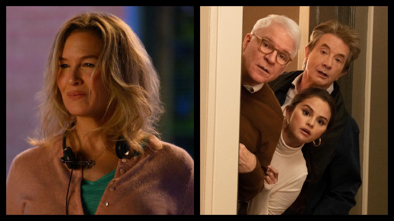 (Left) Renée Zellweger as Bridget Jones in 'Bridget Jones: Mad About the Boy'. Photo: Jay Maidment / Universal Pictures. (Right) Charles (Steve Martin), Mabel (Selena Gomez) and Oliver (Martin Short) on Hulu's 'Only Murders In The Building'. Photo: Craig Blankenhorn/Hulu.