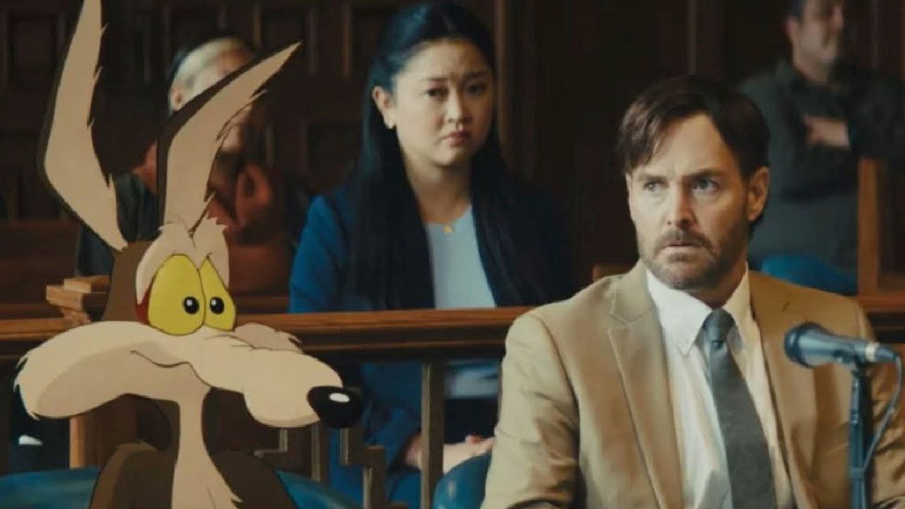 (L to R) Wile E. Coyote and Will Forte in 'Coyote vs. Acme.' Photo: Warner Bros. Discovery.