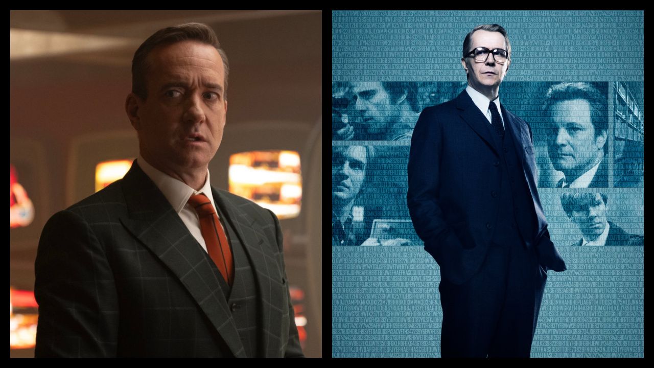 (Left) Matthew Macfadyen as Mr. Paradox in 20th Century Studios/Marvel Studios' 'Deadpool & Wolverine'. Photo courtesy of 20th Century Studios/Marvel Studios. © 2024 20th Century Studios / © and ™ 2024 Marvel. (Right) Gary Oldman as George Smiley in 'Tinker Tailor Soldier Spy'. Photo: StudioCanal.