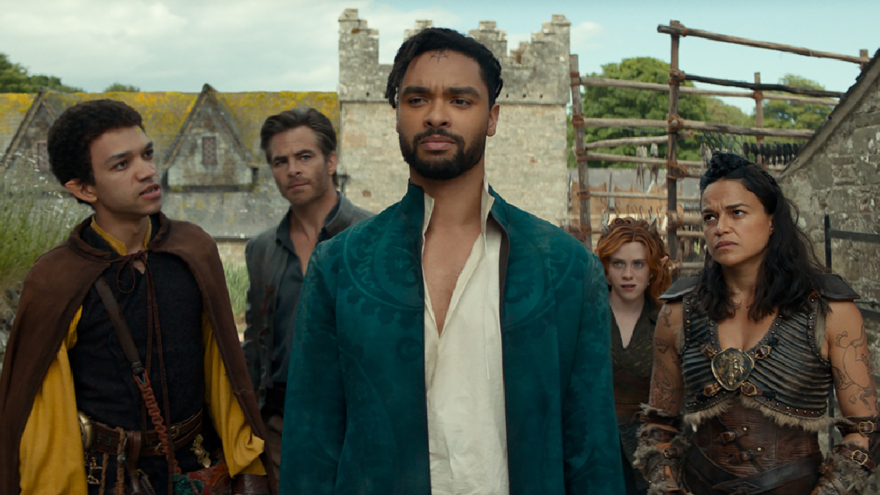 (L to R) Justice Smith plays Simon, Chris Pine plays Edgin, Rege-Jean Page plays Xenk, Sophia Lillis plays Doric and Michelle Rodriguez plays Holga in 'Dungeons & Dragons: Honor Among Thieves' from Paramount Pictures and eOne.