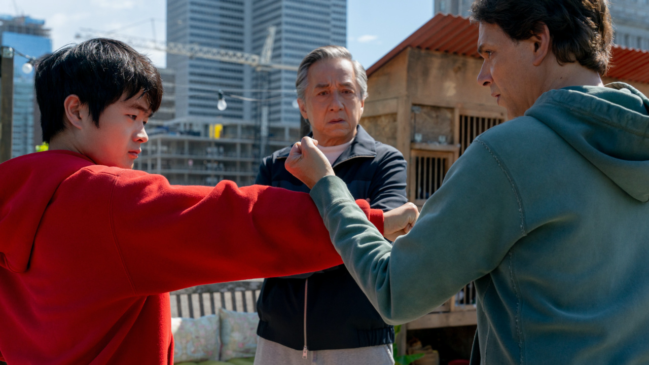 (L to R) Ben Wang, Jackie Chan and Ralph Macchio in Columbia Pictures 'Karate Kid: Legends'. Photo By