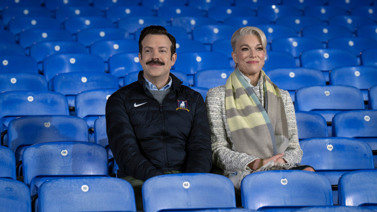 (L to R) Jason Sudeikis and Hannah Waddingham in "Ted Lasso," now streaming on Apple TV+.