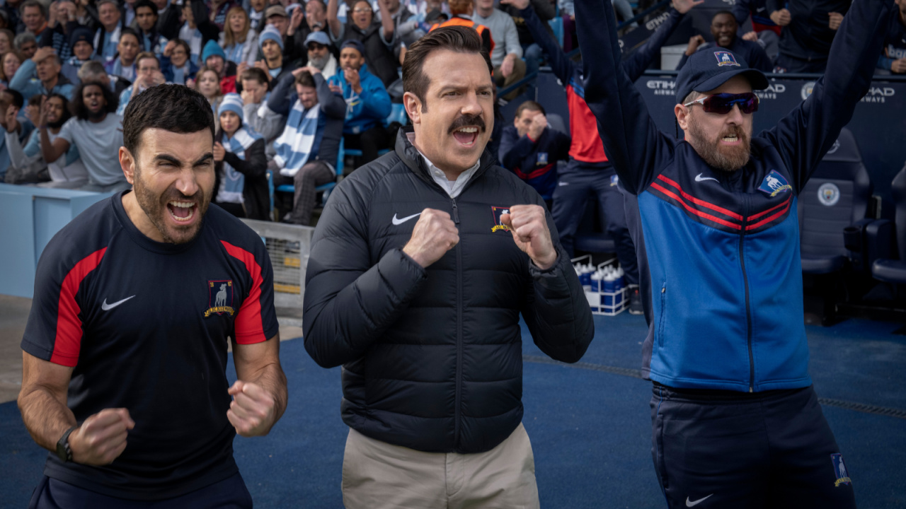 (L to R) Brett Goldstein, Jason Sudeikis and Brendan Hunt in 'Ted Lasso,' now streaming on Apple TV+.
