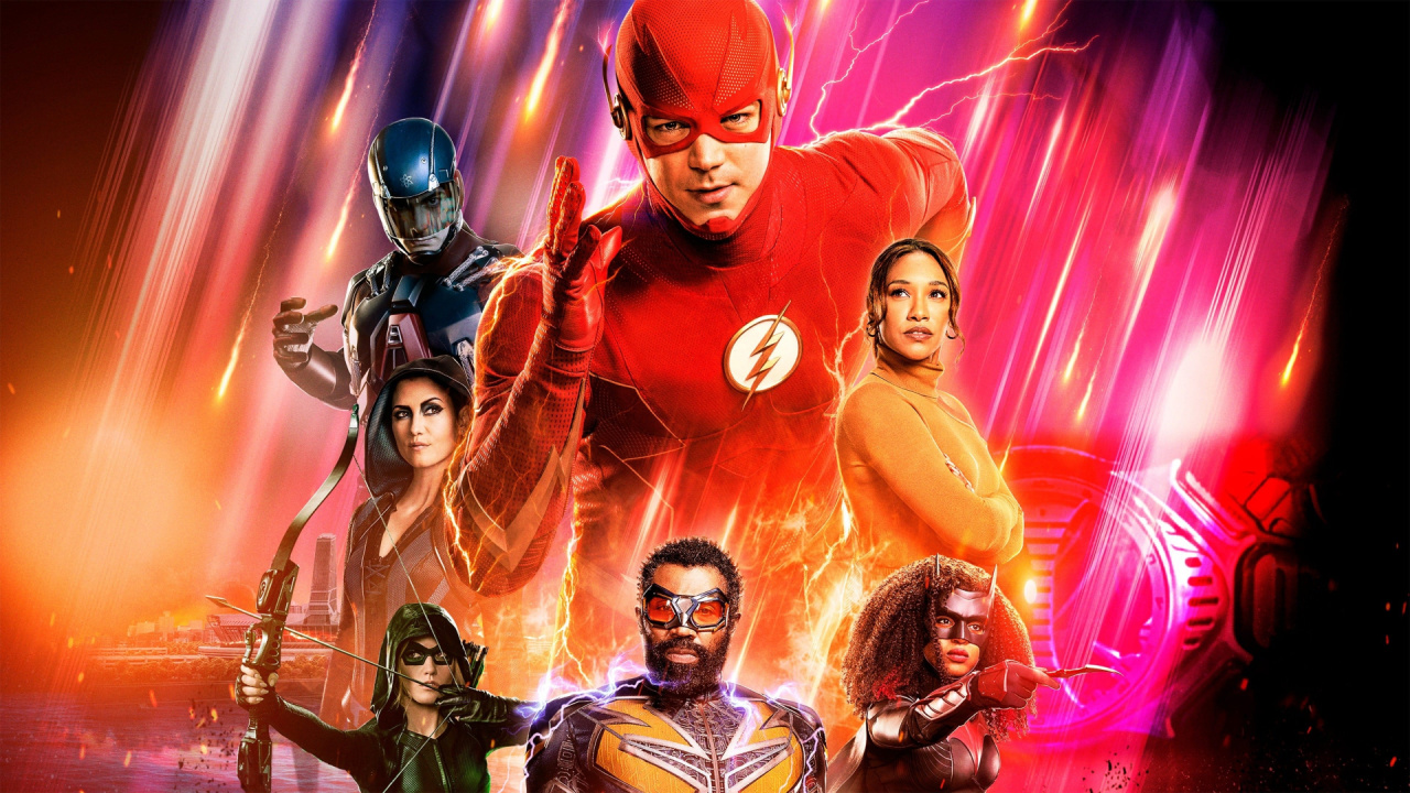 (L to R) Brandon Routh, Grant Gustin, Candice Patton, Chyler Leigh, Katherine McNamara,