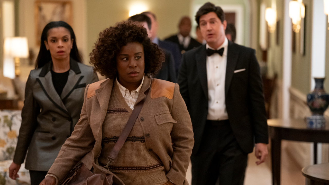 (L to R) Susan Kelechi Watson as Jasmine Haney, Uzo Aduba as Cordelia Cupp, Ken Marino as Harry Hollinger in 'The Residence'. Photo: Jessica Brooks/Netflix © 2024.