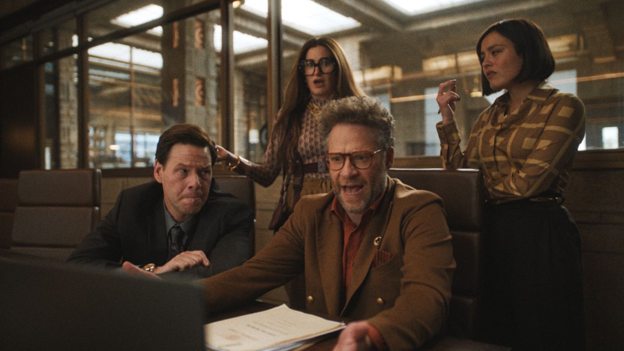 (L to R) Ike Barinholtz, Kathryn Hahn, Chase Sui Wonders and Seth Rogen in 'The Studio,' premiering March 26, 2025 on Apple TV+.