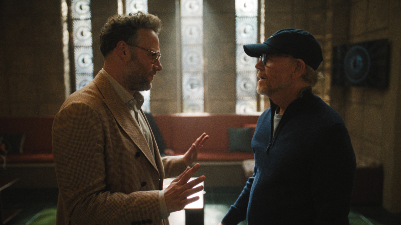 (L to R) Seth Rogen and Ron Howard in 'The Studio,' premiering March 26, 2025 on Apple TV+.