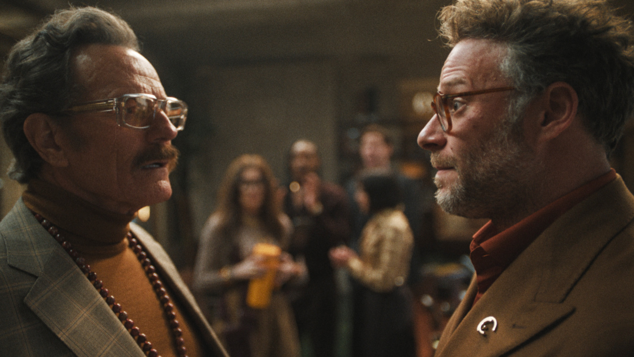 (L to R) Bryan Cranston and Seth Rogen in 'The Studio,' premiering March 26, 2025 on Apple TV+.