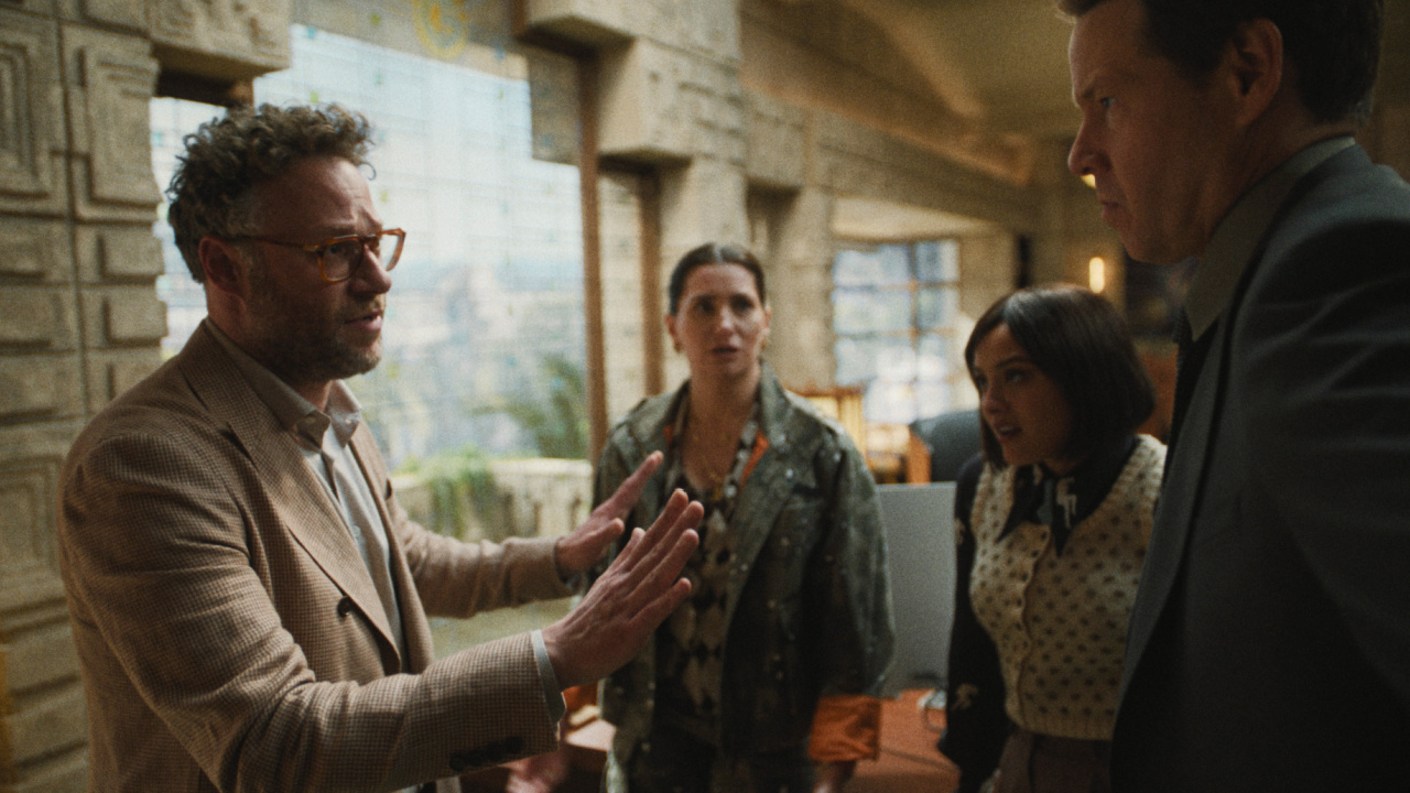 (L to R) Seth Rogen, Kathryn Hahn, Chase Sui Wonders and Ike Barinholtz in 'The Studio,' premiering March 26, 2025 on Apple TV+.