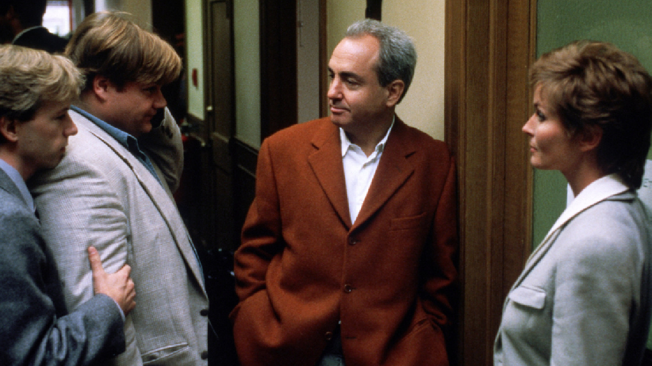 (L to R) David Spade, Chris Farley, producer Lorne Michaels and Bo Derek on the set of 'Tommy Boy'. Photo: Paramount Pictures.
