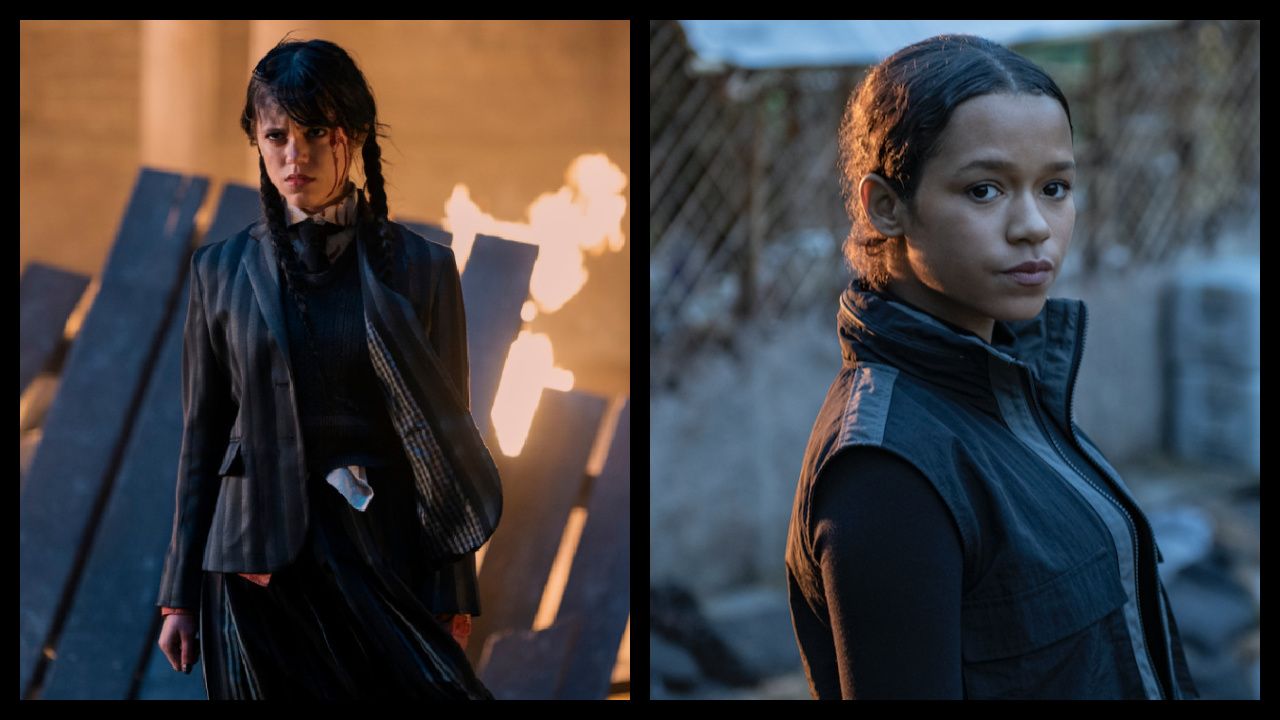 (Left) Jenna Ortega as Wednesday Addams in 'Wednesday.' Photo: Vlad Cioplea/Netflix © 2022. (Right) Taylor Russell as Judy Robinson in 'Lost In Space'. Photo: Diyah Pera/Netflix © 2021.