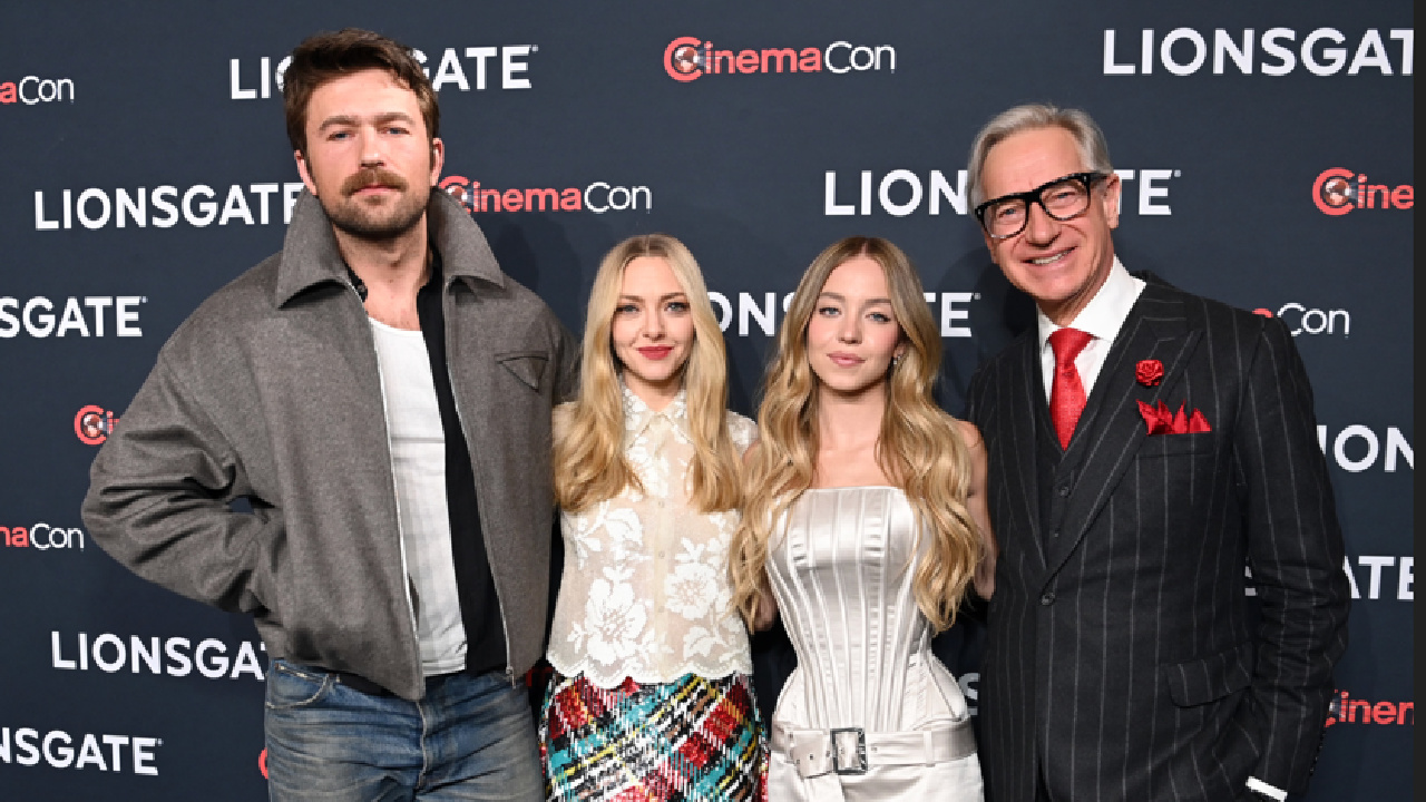 (L to R) Brandon Sklenar, Amanda Seyfried, Sydney Sweeney and director Paul Feig at the Lionsgate presentation at CinemaCon 2025 in Las Vegas.Photo: Lionsgate.