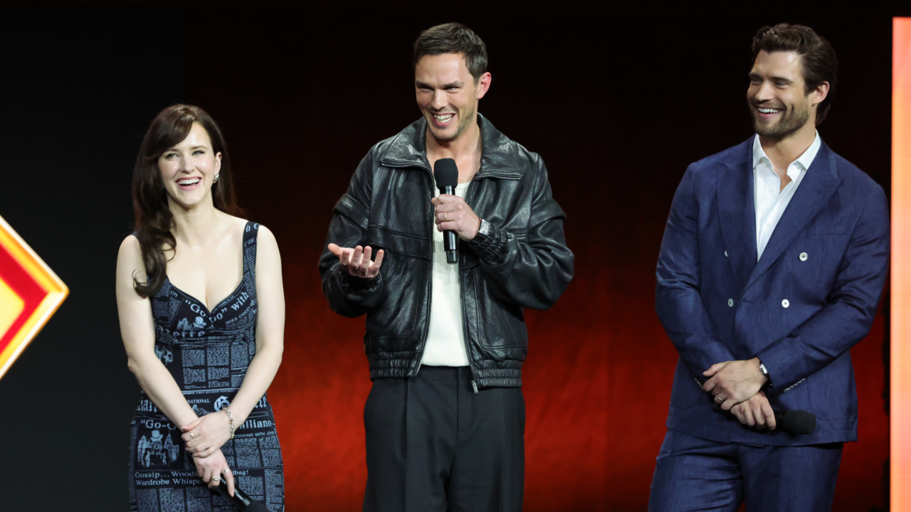 (L to R) Nicholas Hoult, Rachel Brosnahan and David Corenswet at CinemaCon 2025. Photo: Warner Bros.