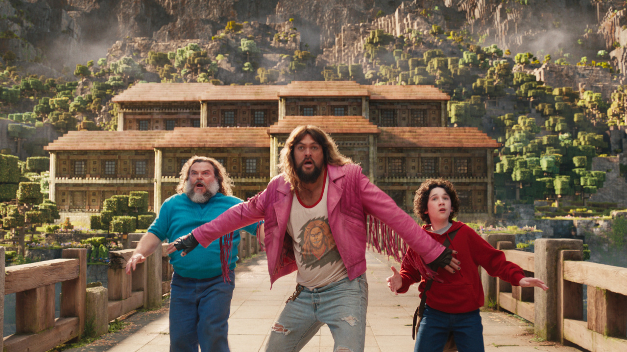 (L to R) Jack Black, Jason Momoa and Sebastian Hansen in Warner Bros. Pictures’ and Legendary Pictures’ 'A Minecraft Movie,' a Warner Bros. Pictures release. Photo Credit: Courtesy Warner Bros. Pictures. Copyright: © 2025 Warner Bros. Entertainment Inc. All Rights Reserved.