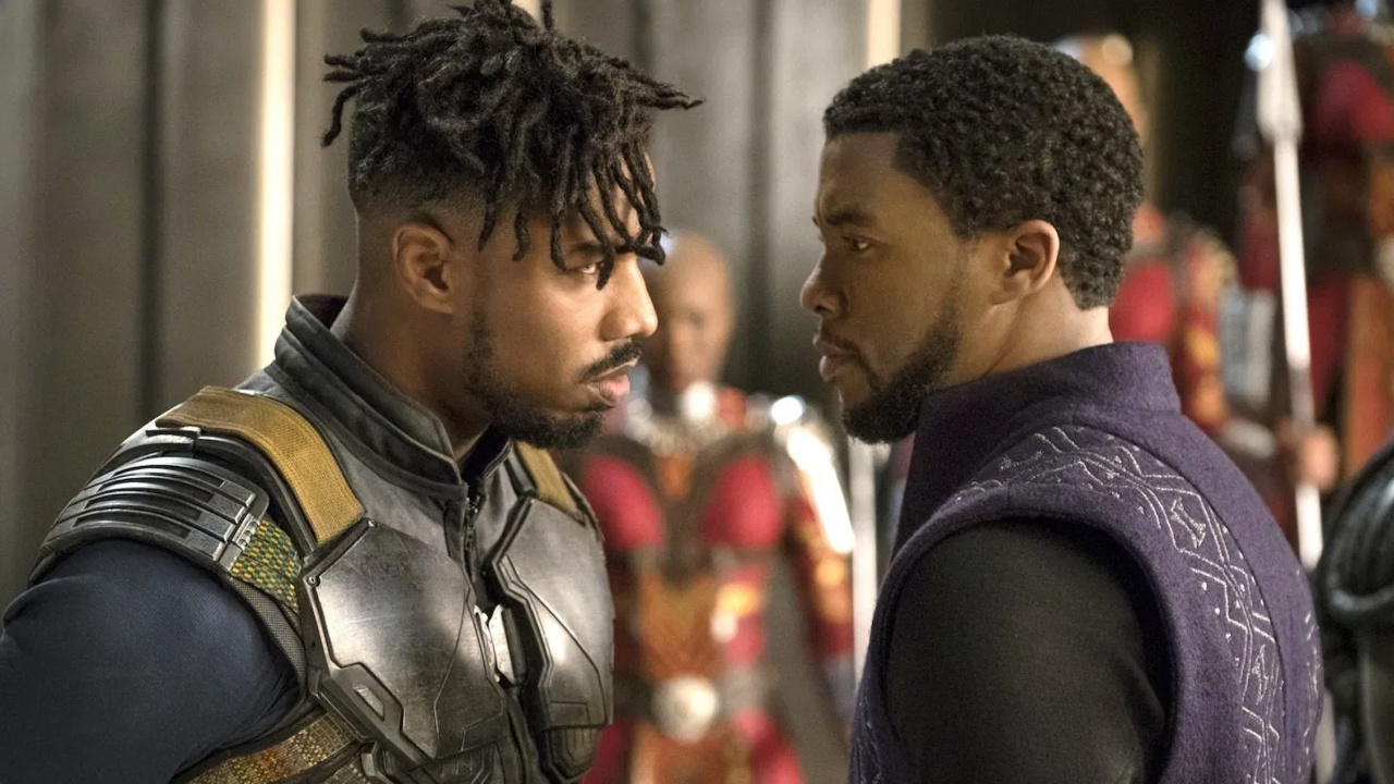 (L to R) Michael B. Jordan and Chadwick Boseman in 'Black Panther'. Photo: Marvel Studios.